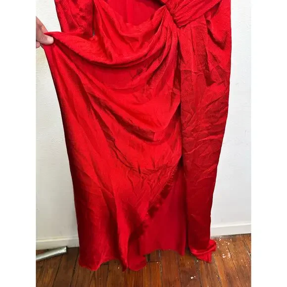 ML MONIQUE LHUILLIER Red Drapey One Shoulder Thigh Grazing Slit Gown size 4